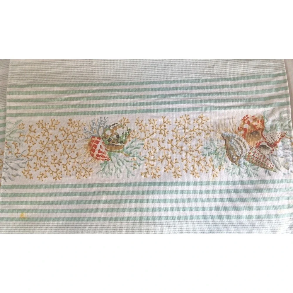 4 Fabric Table Placemats Seashells Coral Green Stripes Beach 12 x 17 Inches READ
